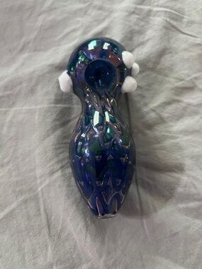 Iridescent Blue Glass Spoon Piece with White Accents